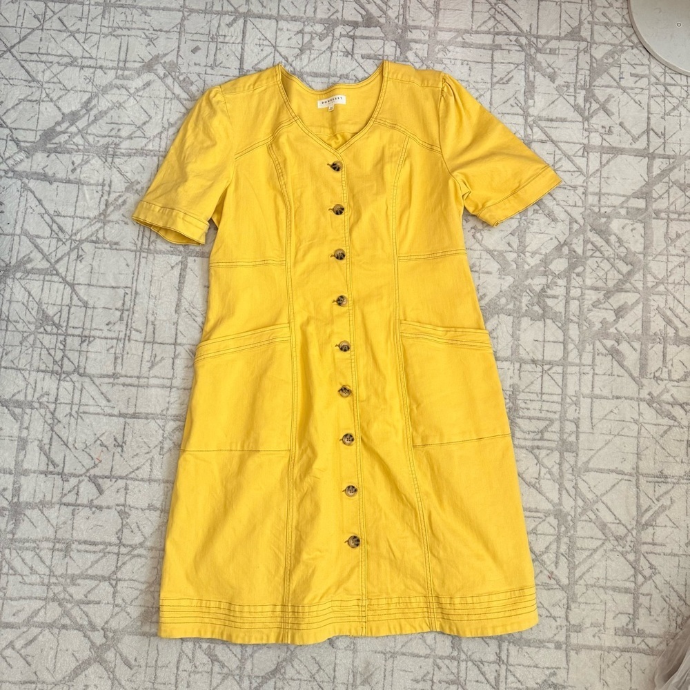 DownEast Jennika Yellow Jean Dress XXL Button Front V Neck Casual Chic Pockets - Picture 2 of 8